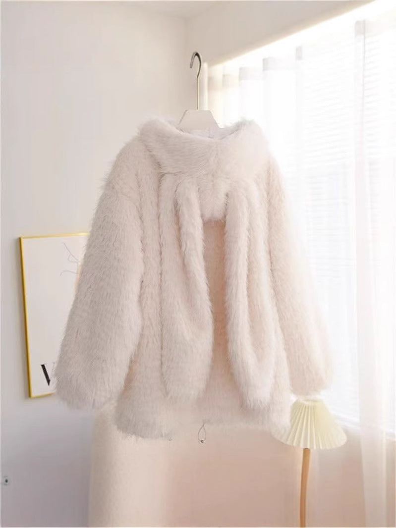Cute Rabbit Ears Hooded Sweater Women's Winter Loose Cardigan