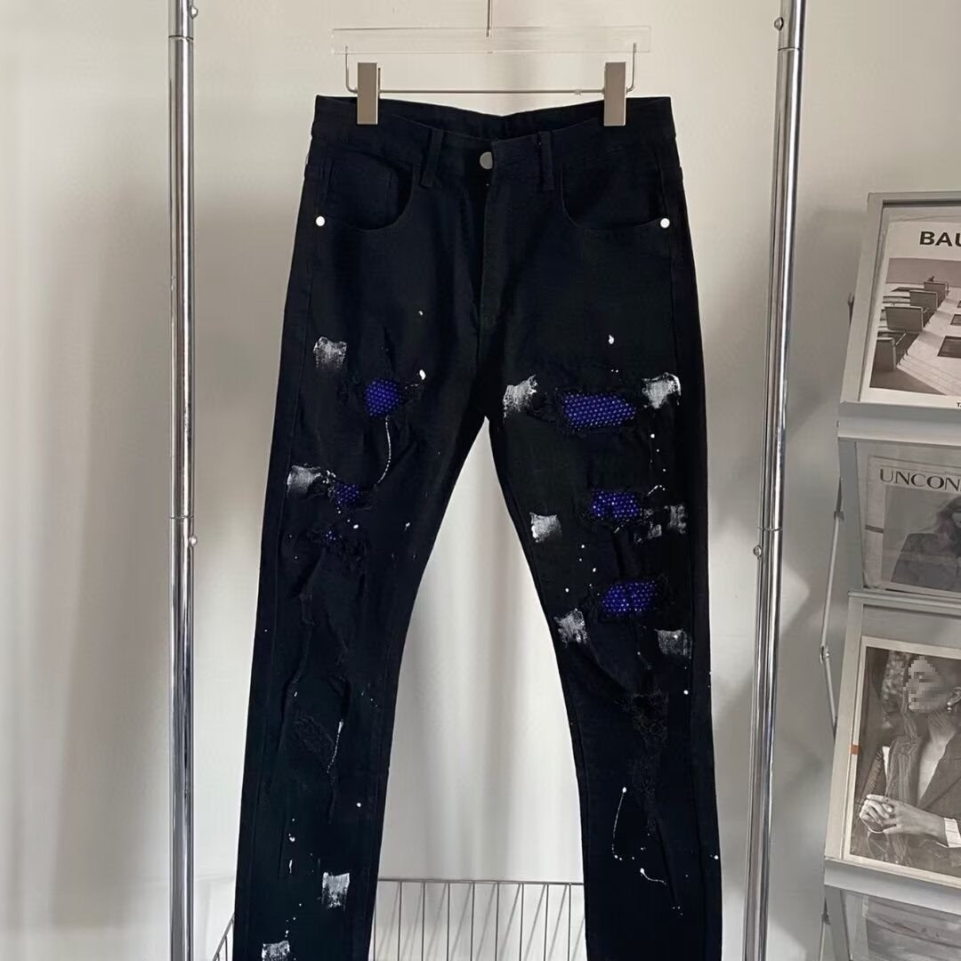 Blue Diamond Splash Ink Ripped Jeans