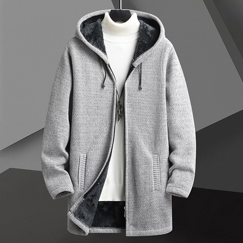 Men's Hooded Sweater Cardigan Autumn Winter Mid-Length Jacket