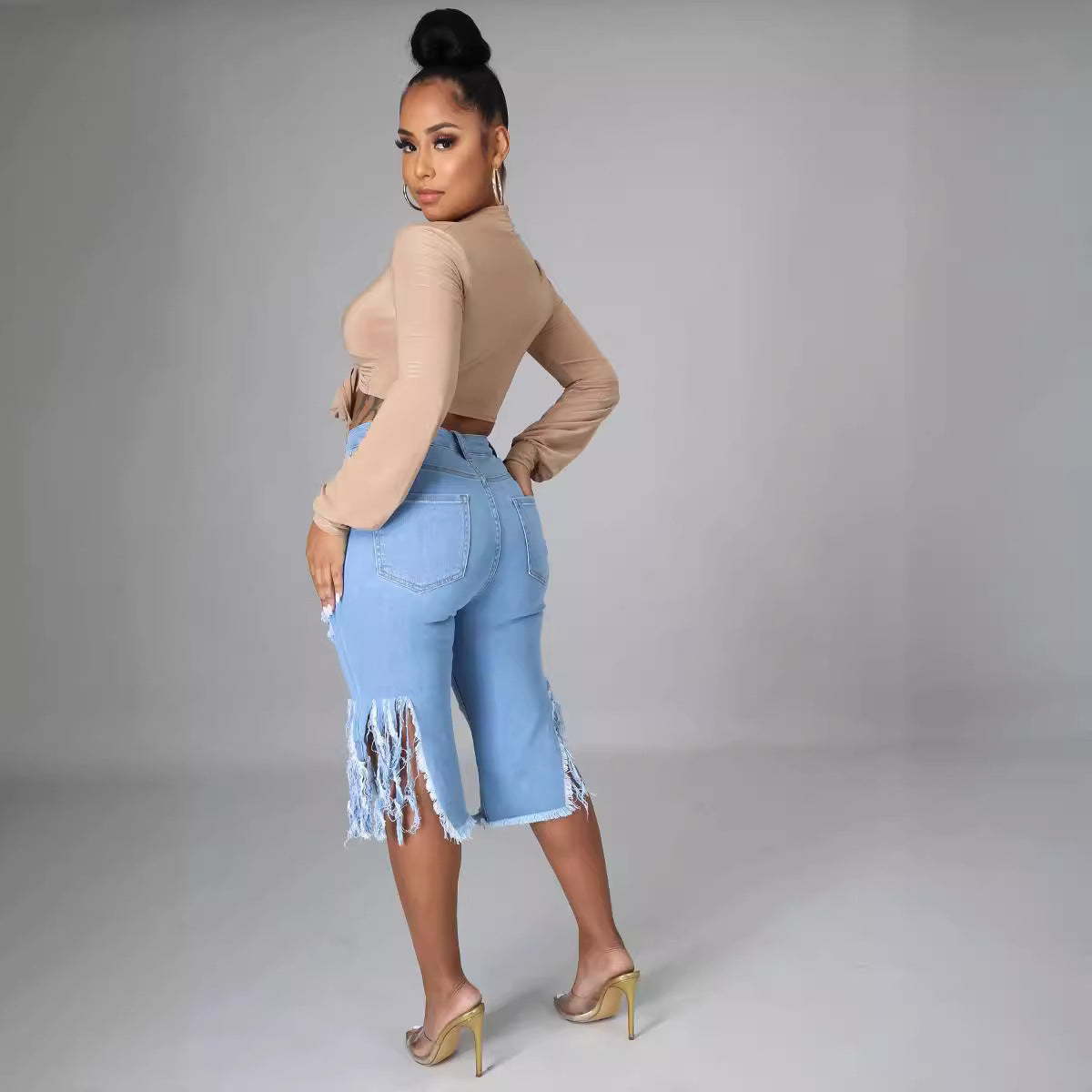 Stretch Fringe Ripped Denim Pants