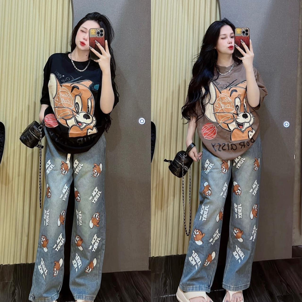 Women's Printed T-Shirt and Denim Wide-Leg Pants Set