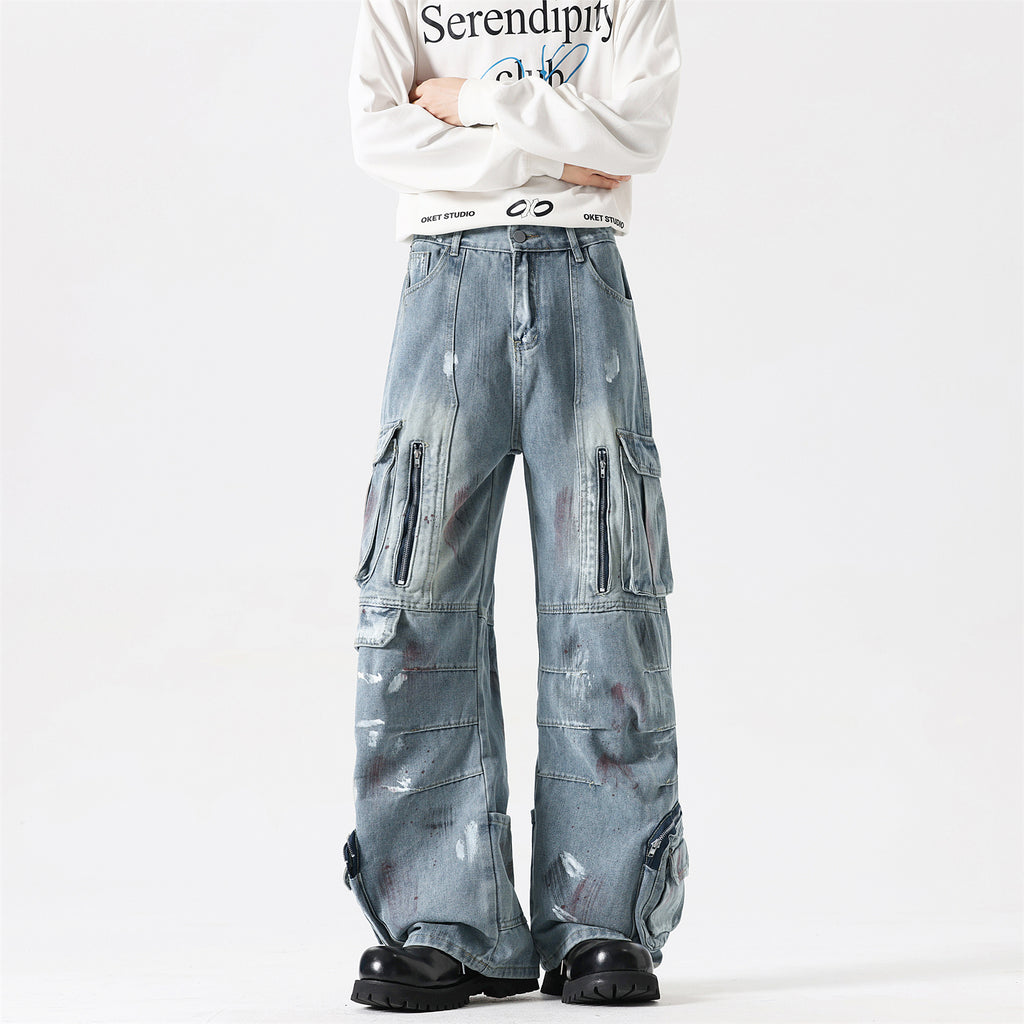 Retro splashed denim pants