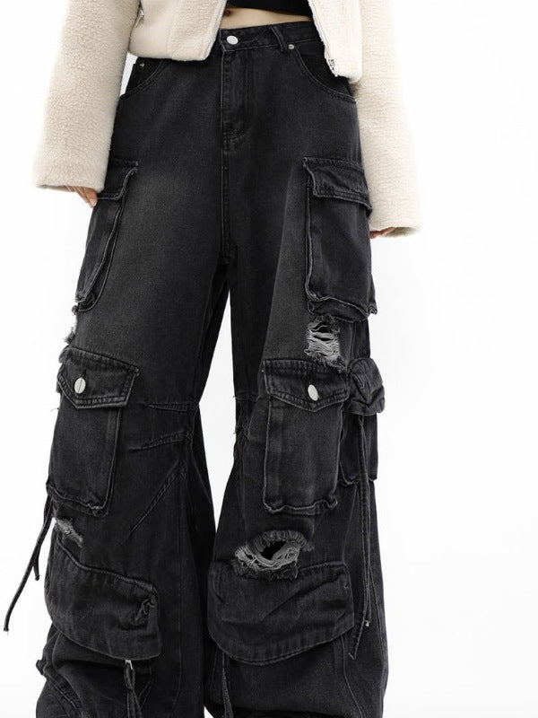 Men's Loose Straight Ripped Jeans with Multiple Pockets