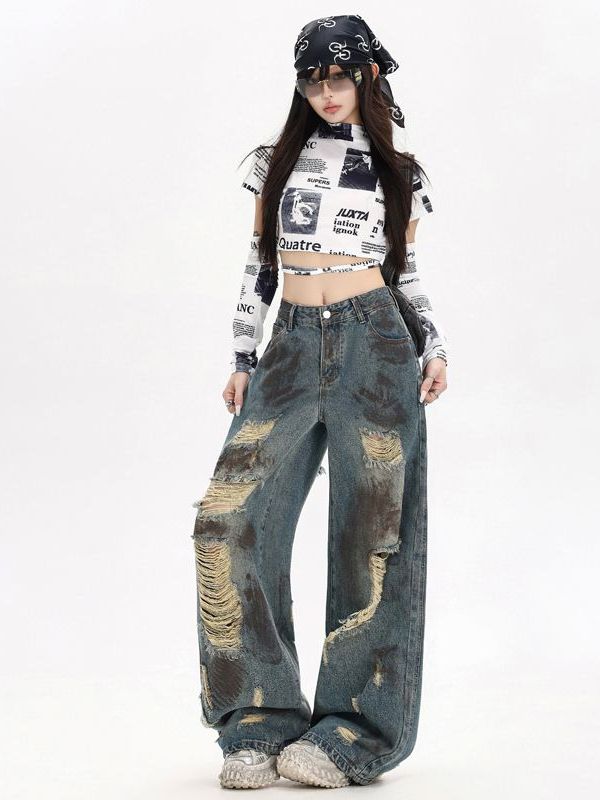Wasteland wind-breaking hole jeans