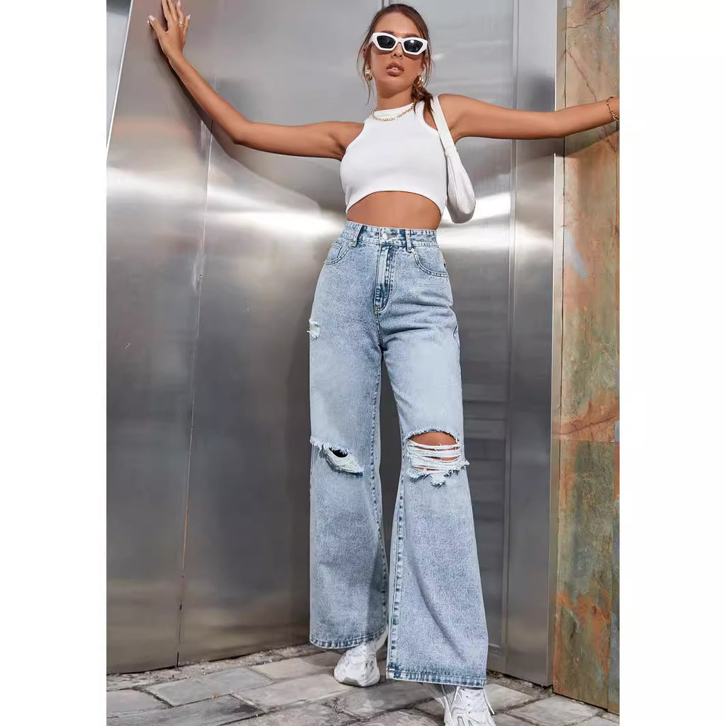 Fashion Ripped High Waist Wide Leg Casual Jeans