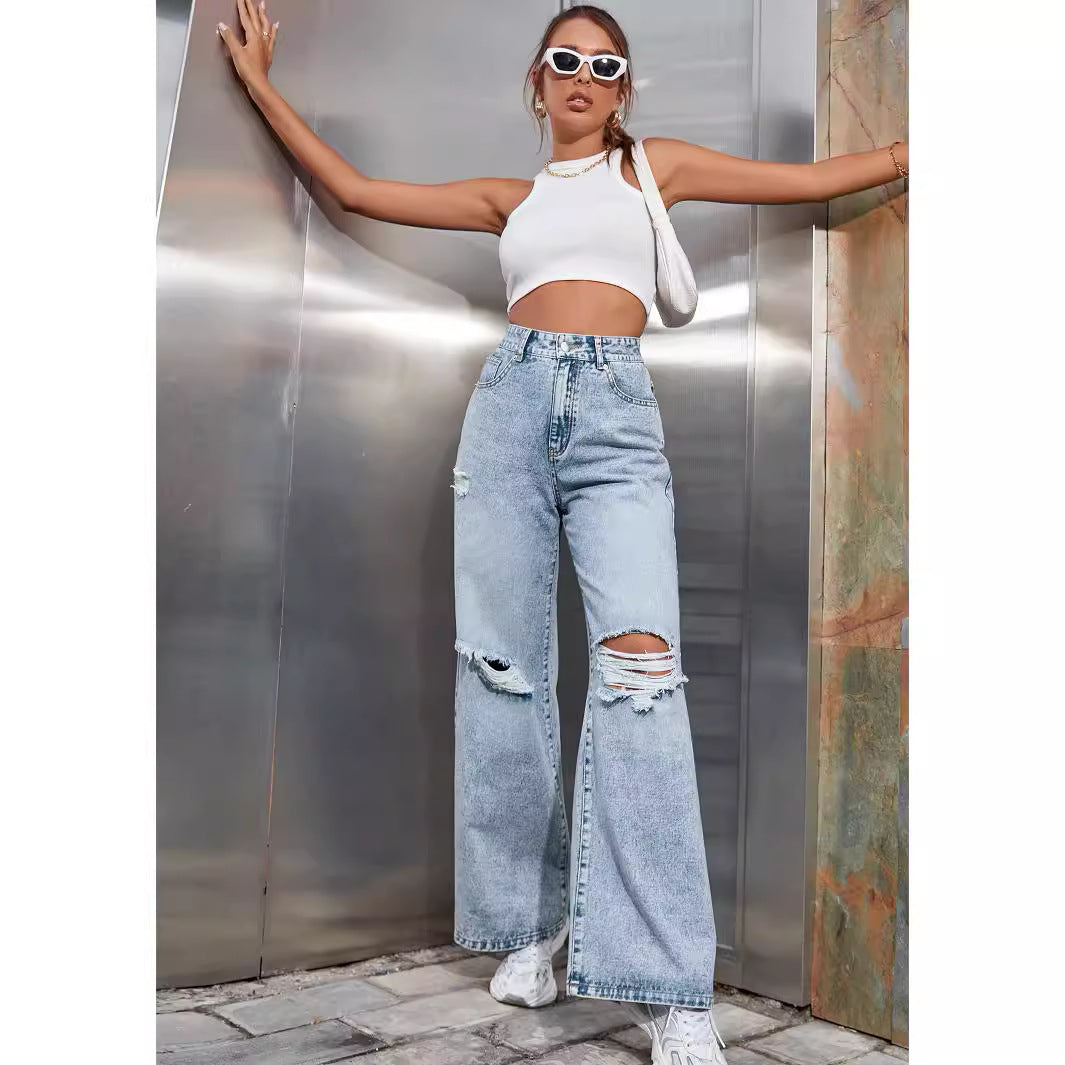 Fashion Ripped High Waist Wide Leg Casual Jeans