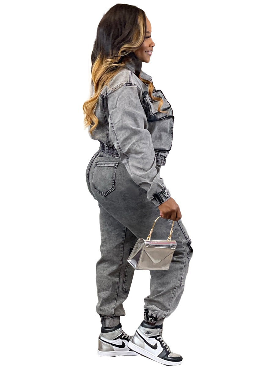 Women's Stretchy Washed Denim Two-Piece Set