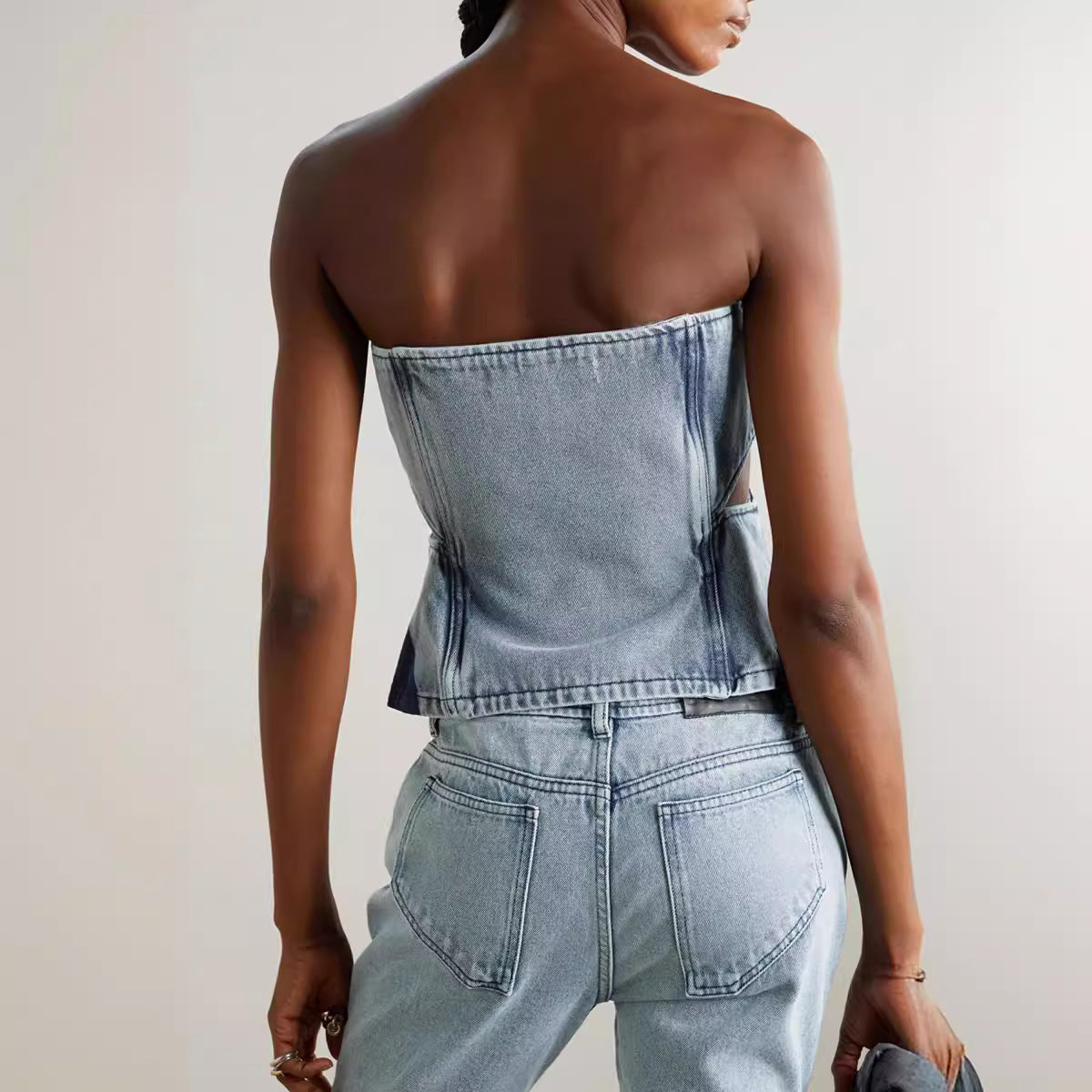 Stitching Tube Top Stretch Washed Jeans
