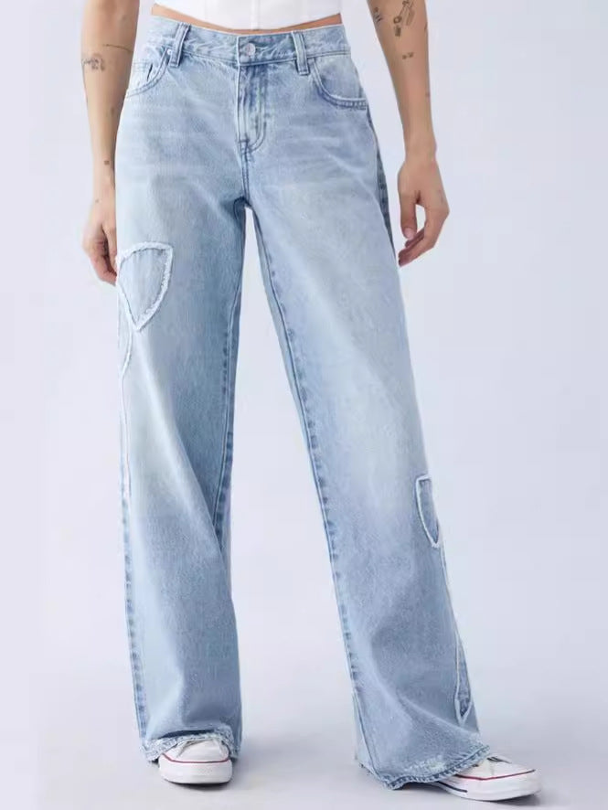 Embroidered High Waist Straight Leg Jeans