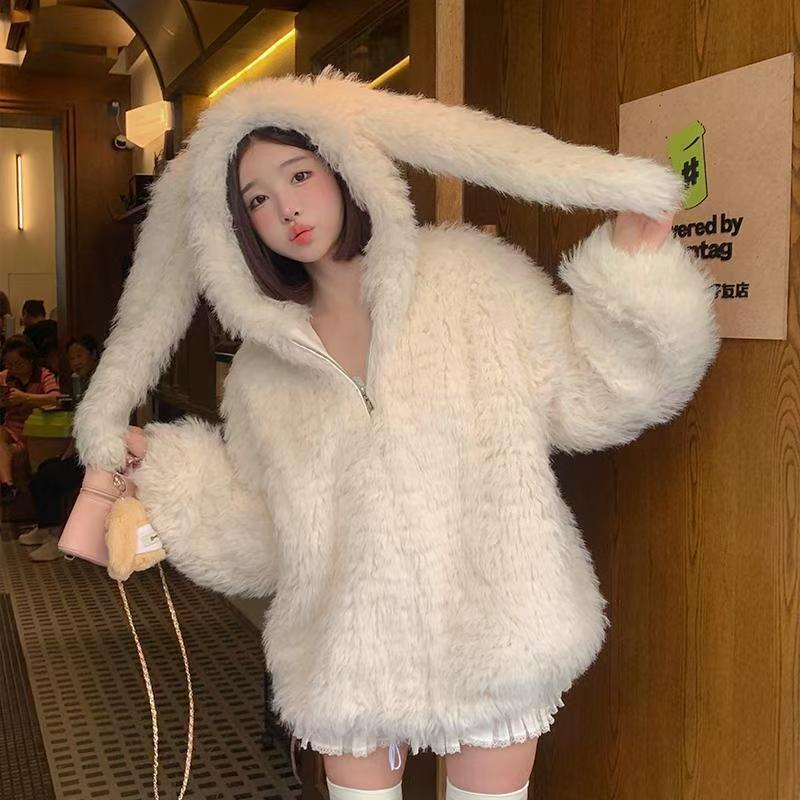 Cute Rabbit Ears Hooded Sweater Women's Winter Loose Cardigan