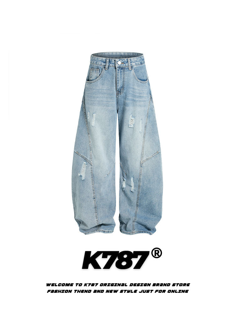 American Retro Ripped Wide-Leg Denim Pants