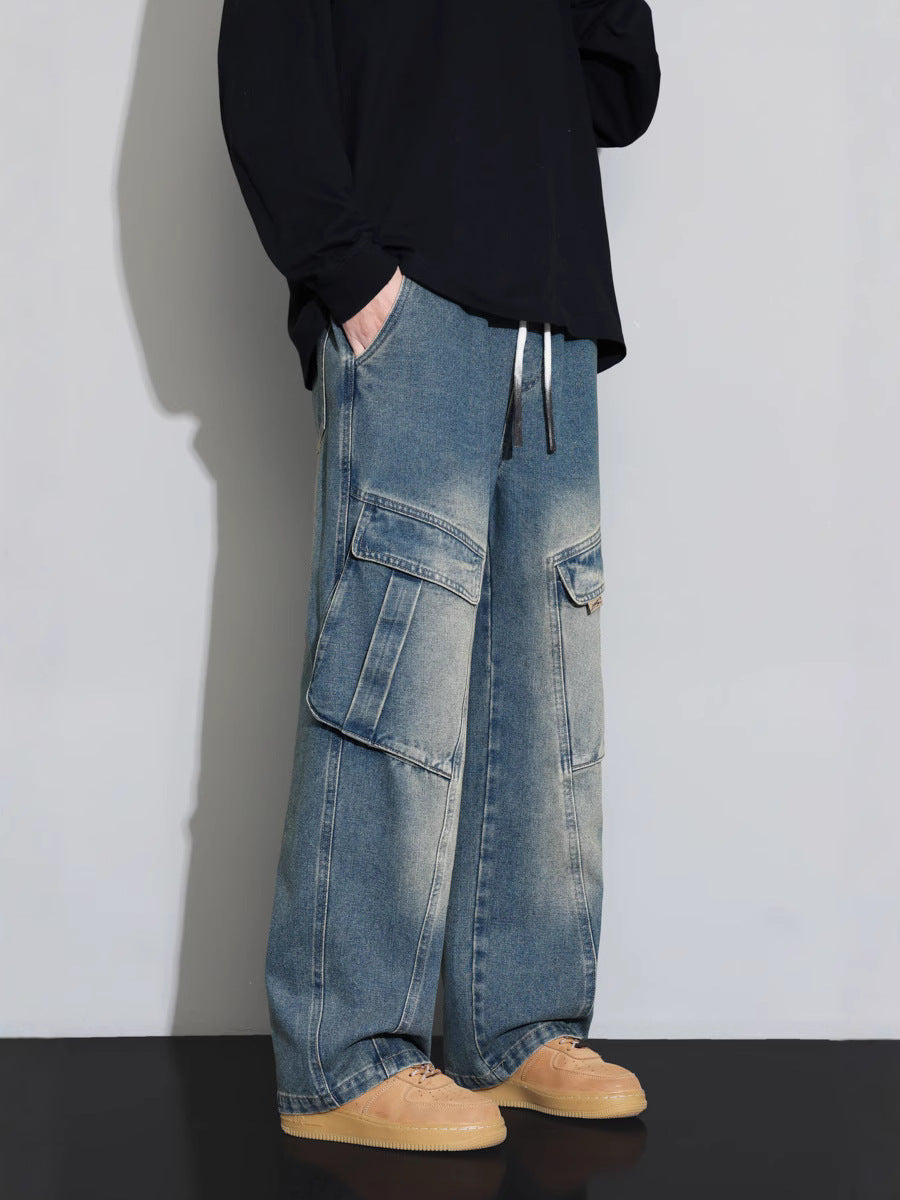 American Vintage Washed Straight Fit Multi-Pocket Jeans for Men