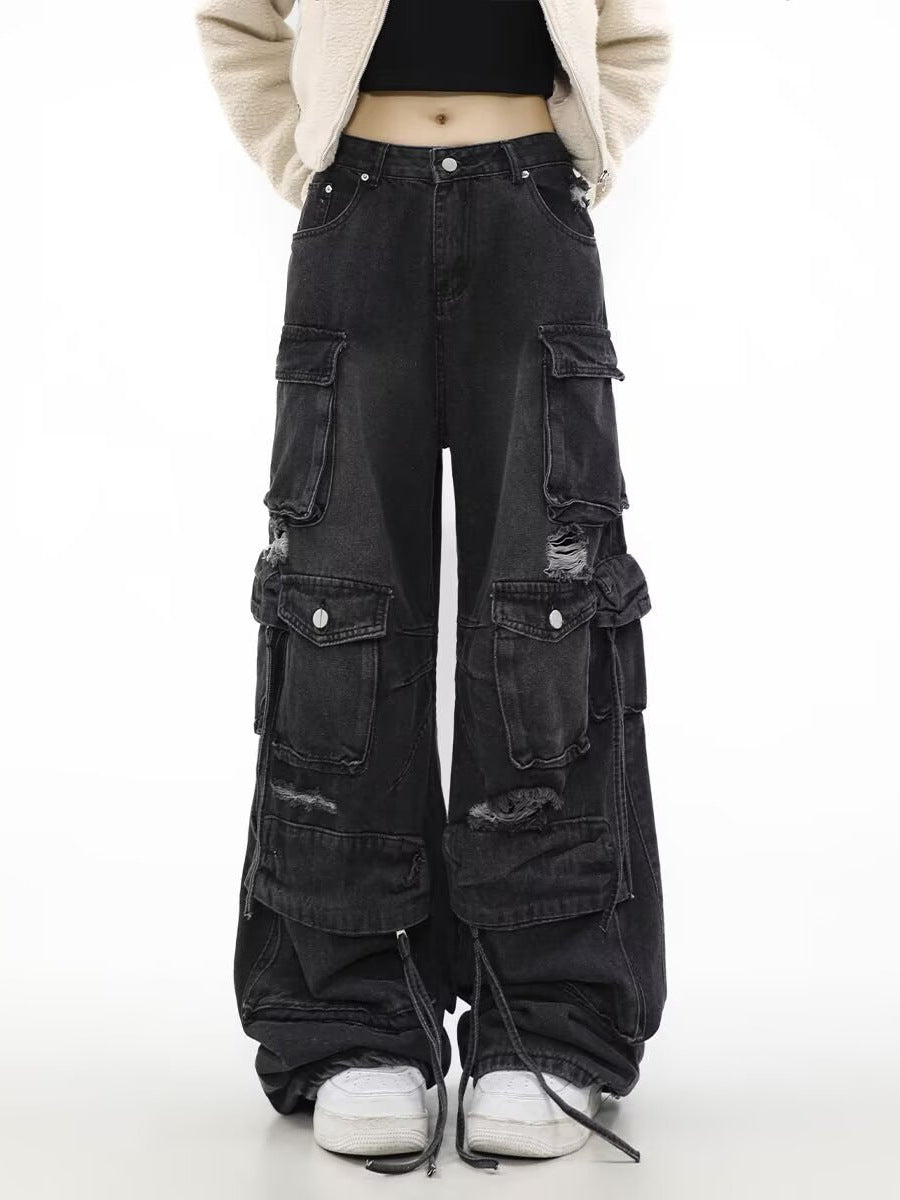 Men's Loose Straight Ripped Jeans with Multiple Pockets