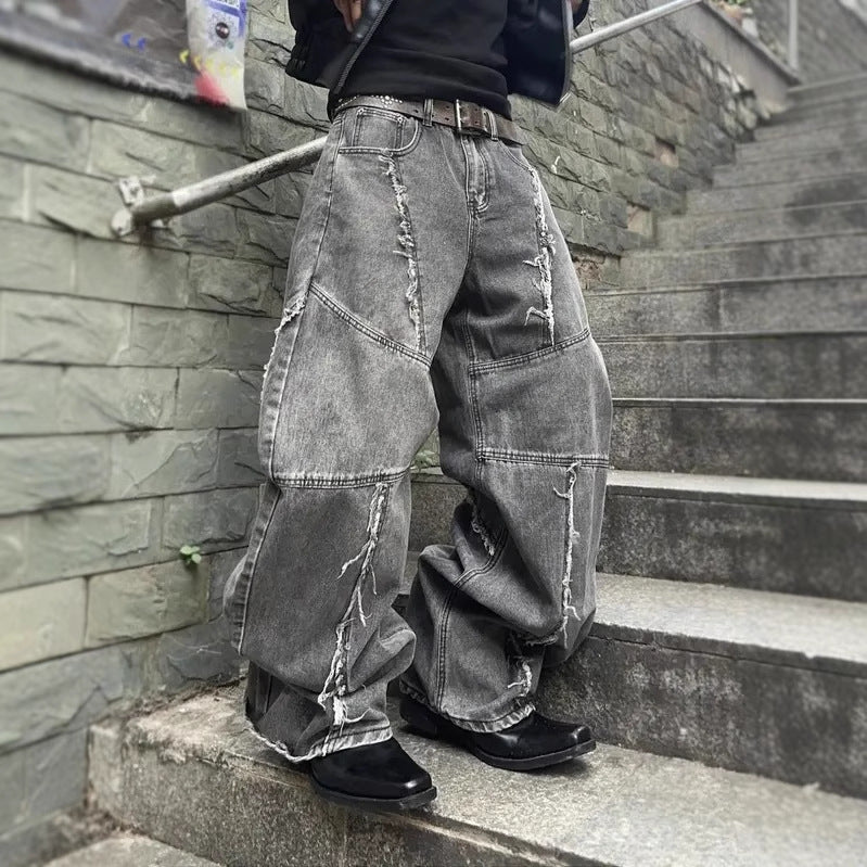 American Retro Washed Distressed Jeans Loose Straight Pants