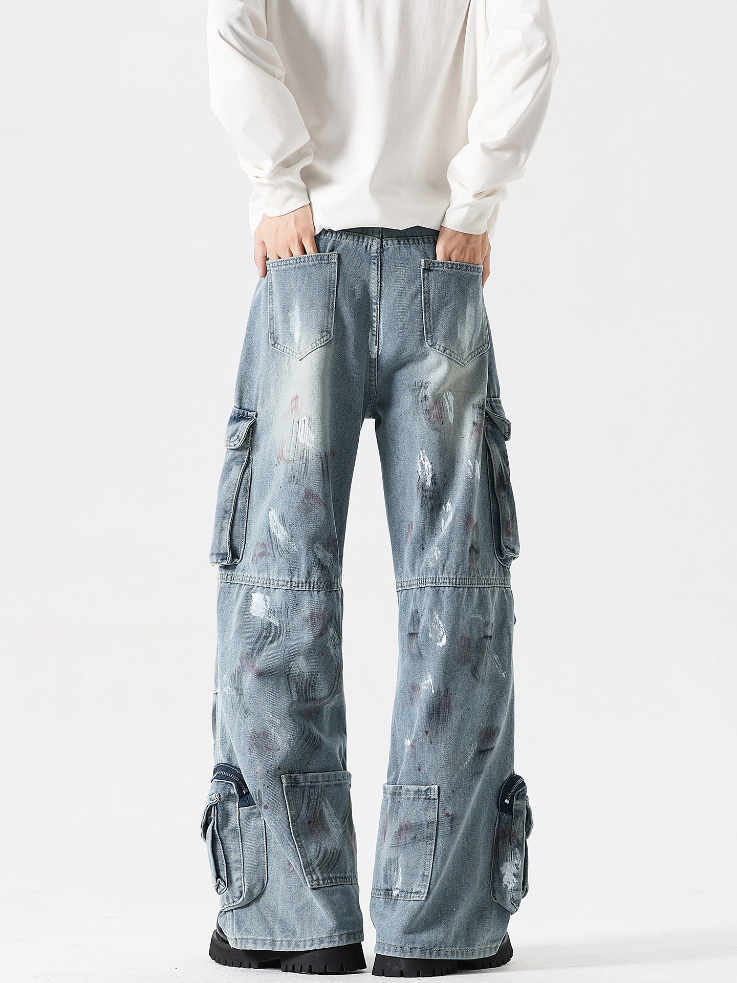Retro splashed denim pants