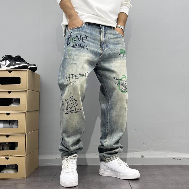 Streetwear style printed straight-leg jeans