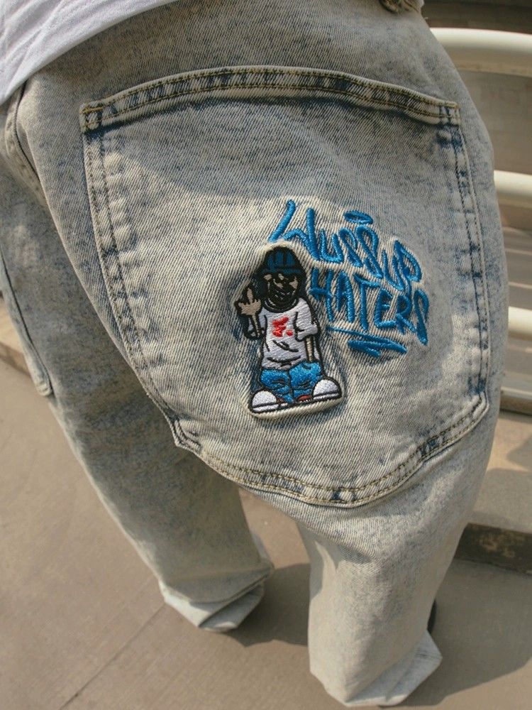 Blue cartoon embroidered skateboard jeans