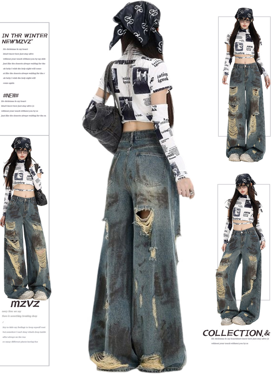 Wasteland wind-breaking hole jeans