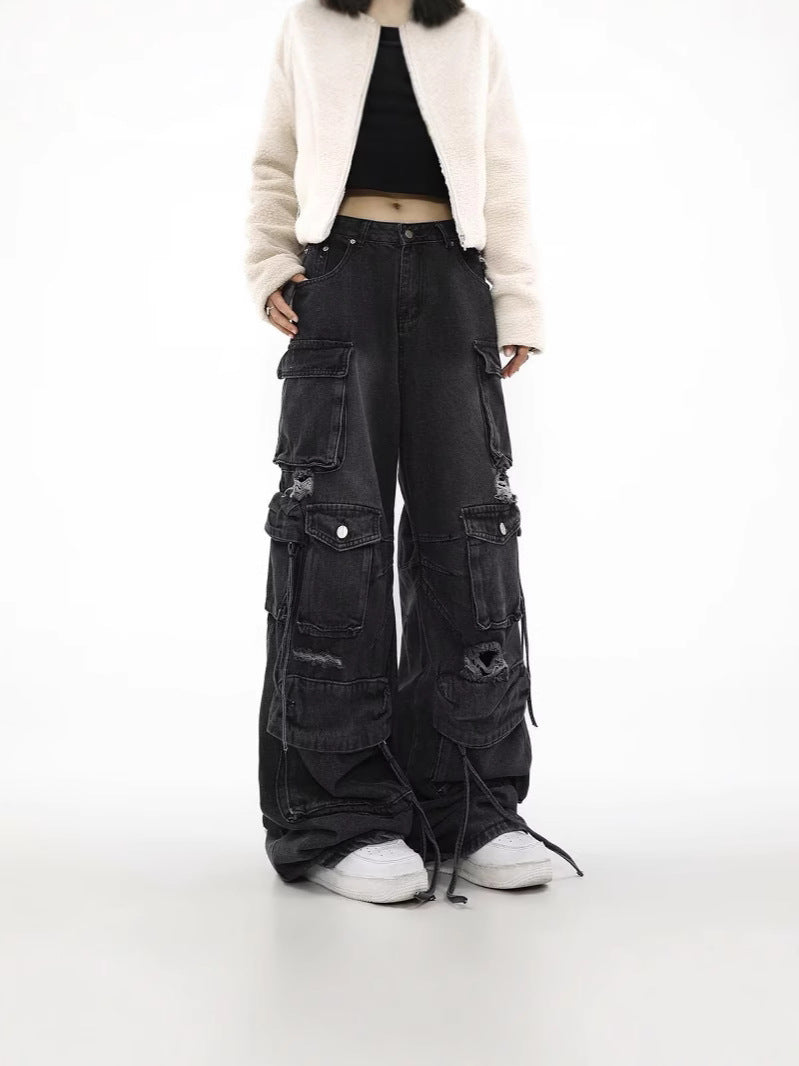 Men's Loose Straight Ripped Jeans with Multiple Pockets