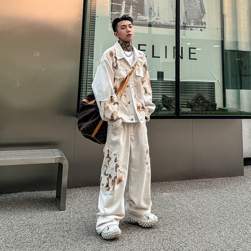 Men's niche design denim jacket pants