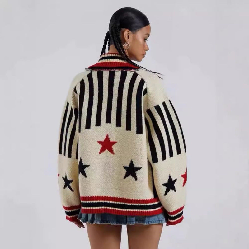 Sweater Cardigan five-pointed star jacquard for women