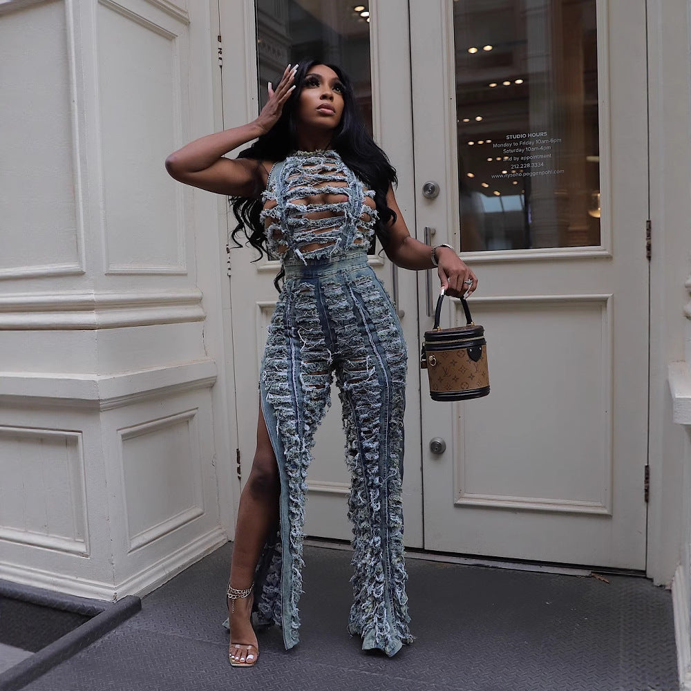 Jeans skirt set with high-waist slit jeans