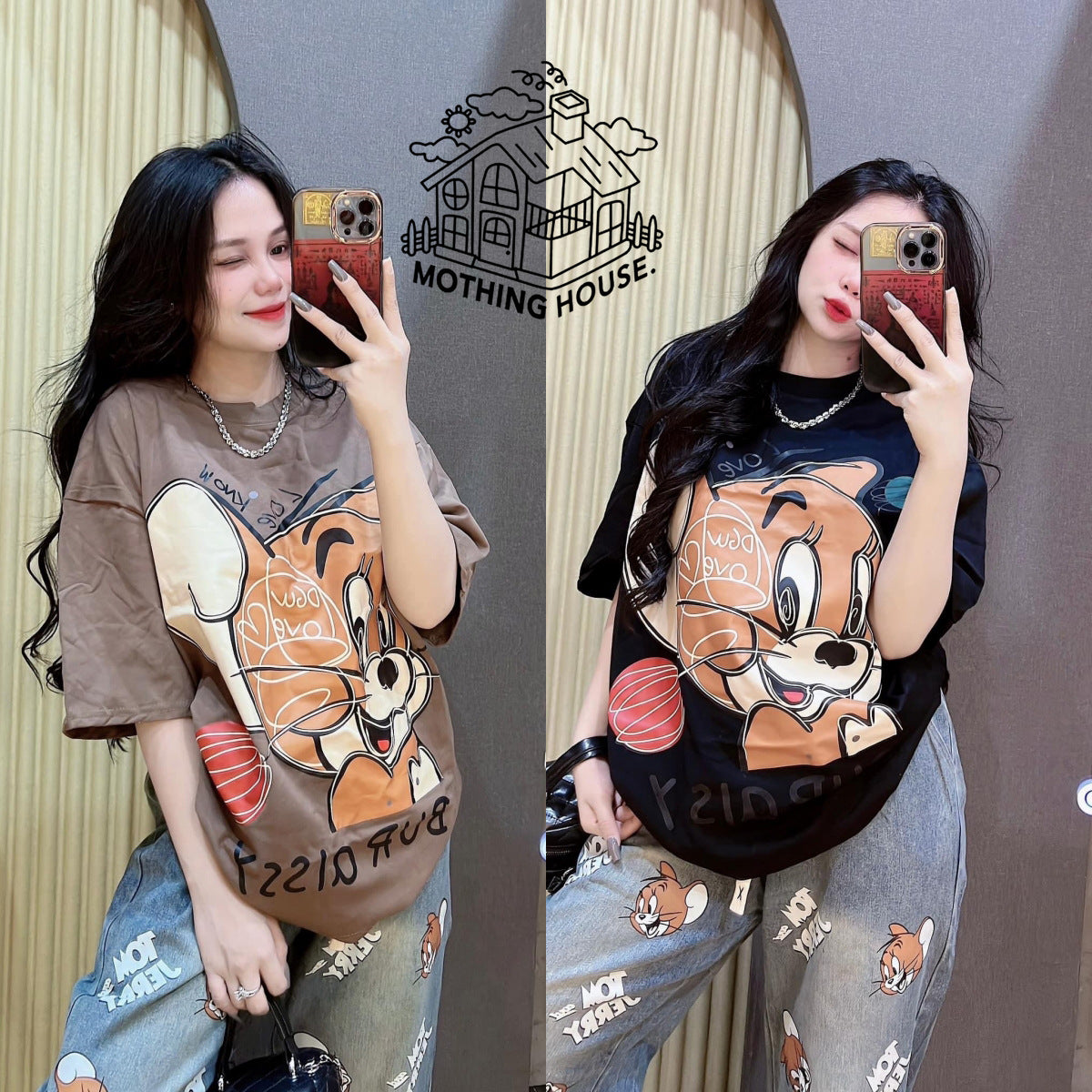 Women's Printed T-Shirt and Denim Wide-Leg Pants Set