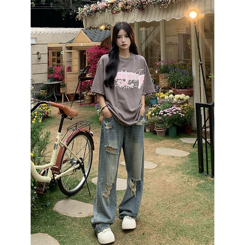 High-waisted Wide-Leg Ripped Jeans