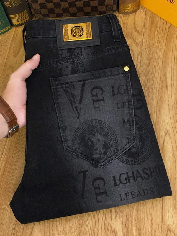 Men's Lion Print Slim-Fit Jeans