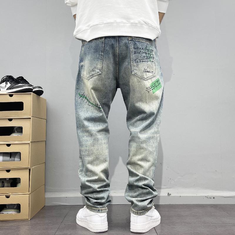 Streetwear style printed straight-leg jeans