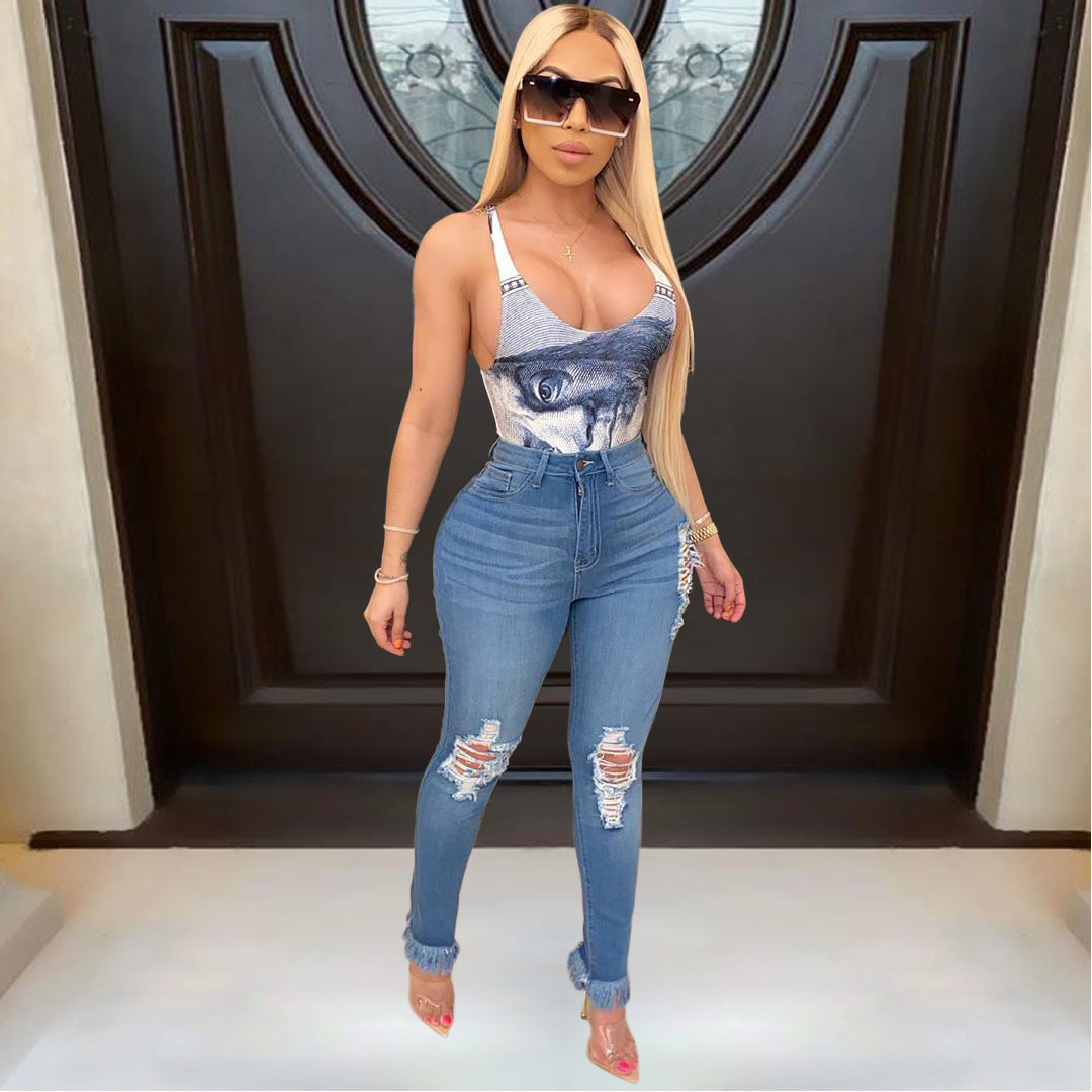 Women's Washed Ripped Elastic Tassel Jeans