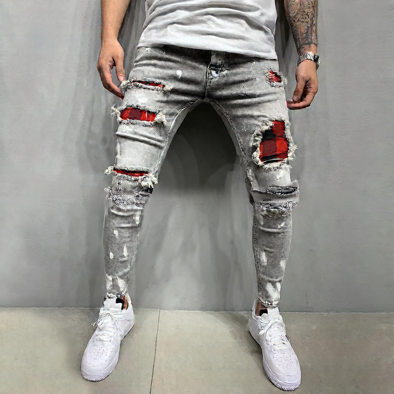 Stretch Ripped Patch Slim Fit Jeans