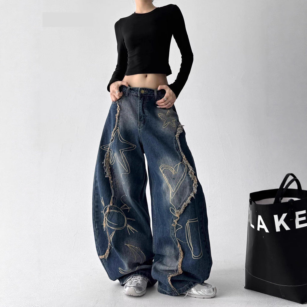 Hip-hop street wash-stained wide-leg jeans