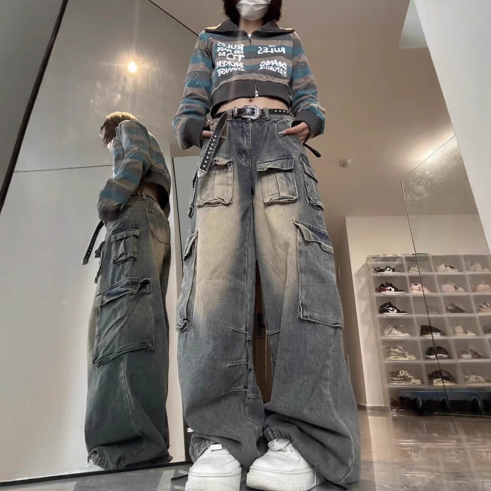 Women's Wide Leg Vintage Washed Workwear Jeans