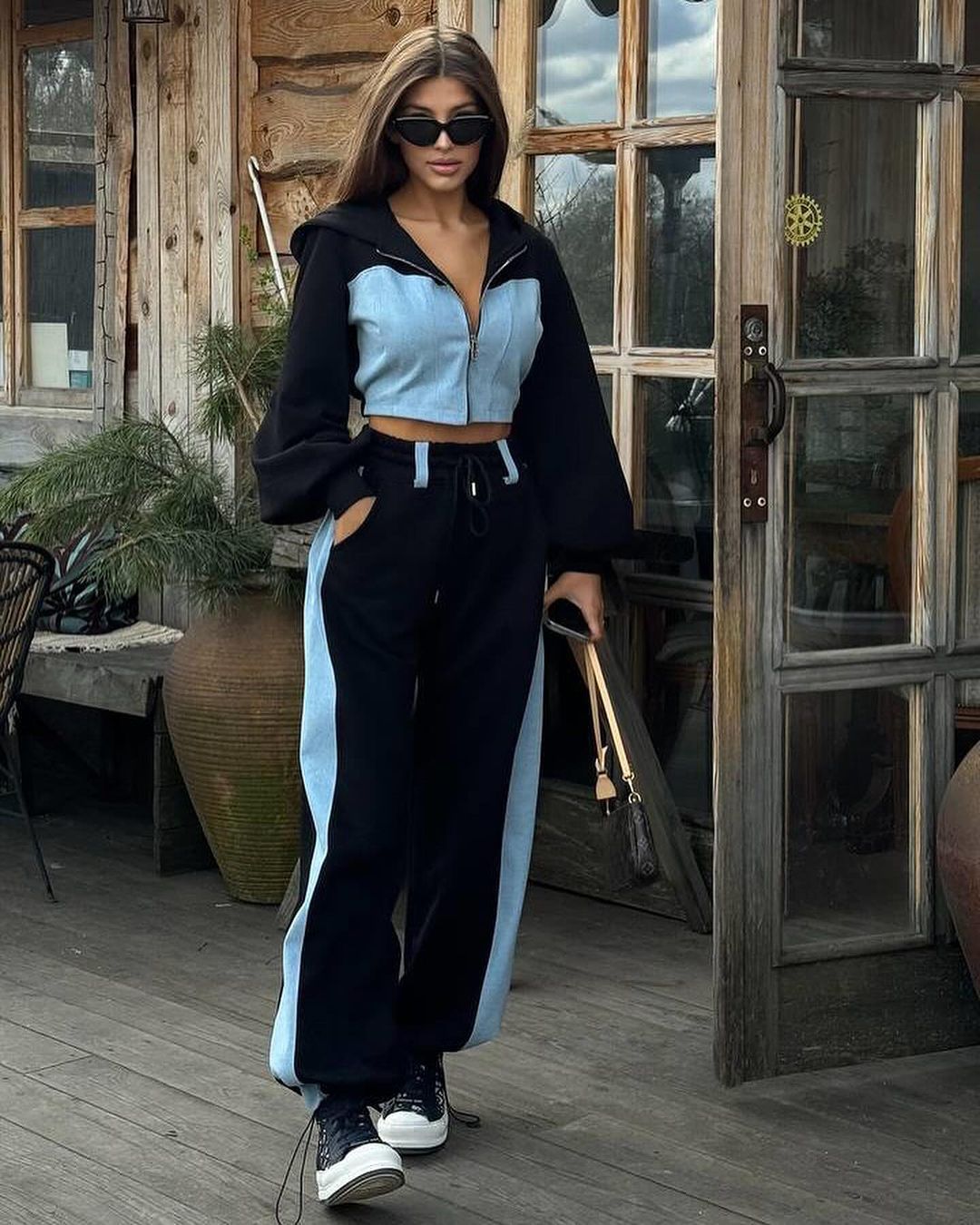 Casual Denim Stitching Hooded Sweater Suit with High Waist Trousers