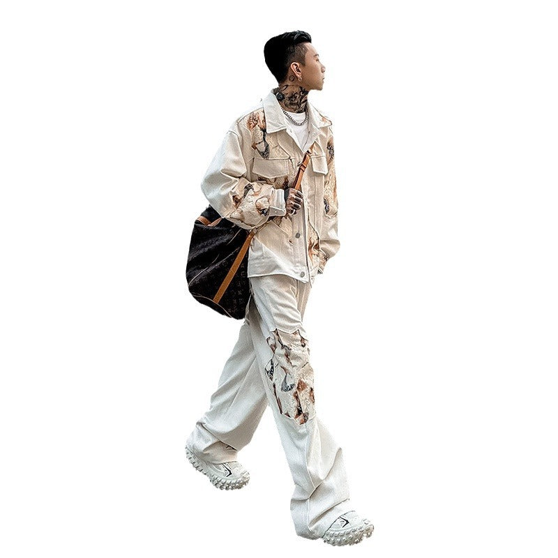 Men's niche design denim jacket pants