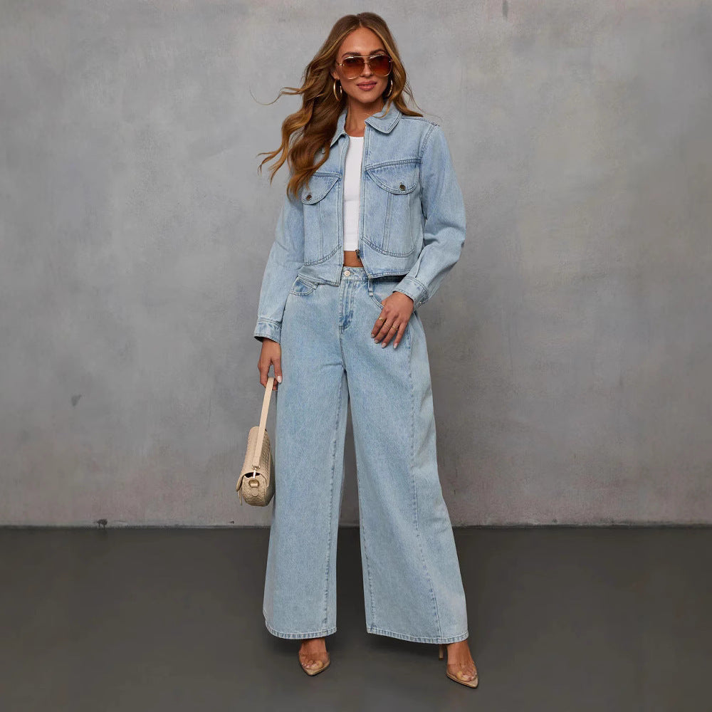Loose-fitting women's denim jacket and pants set