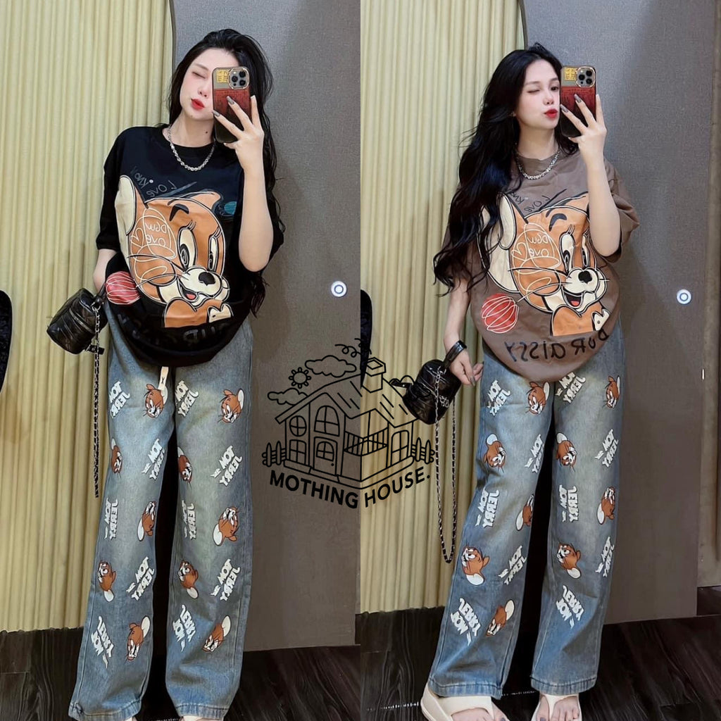 Women's Printed T-Shirt and Denim Wide-Leg Pants Set