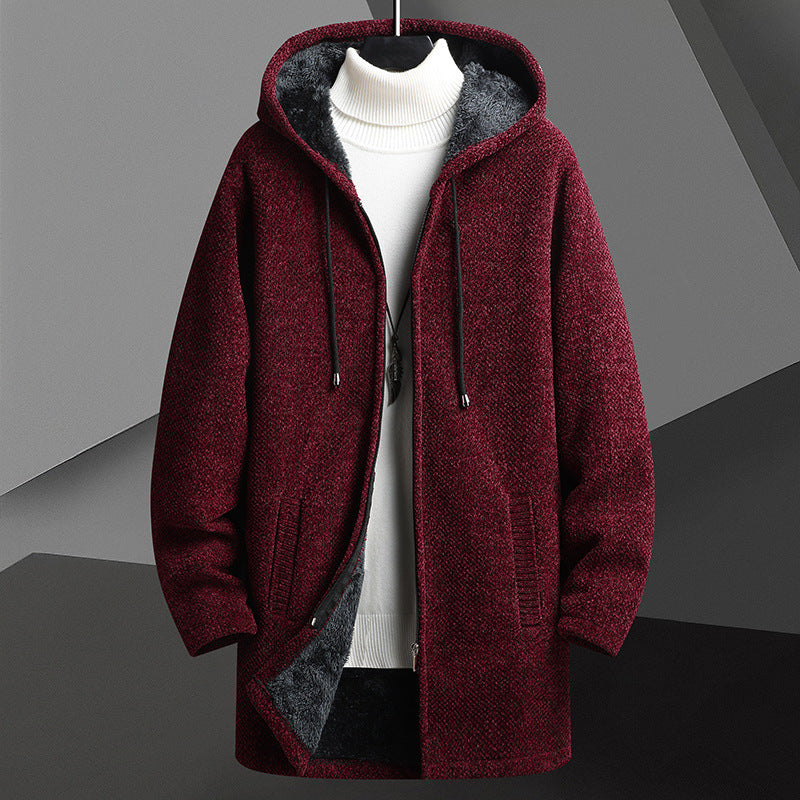 Men's Hooded Sweater Cardigan Autumn Winter Mid-Length Jacket