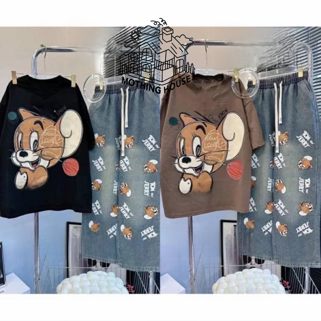 Women's Printed T-Shirt and Denim Wide-Leg Pants Set