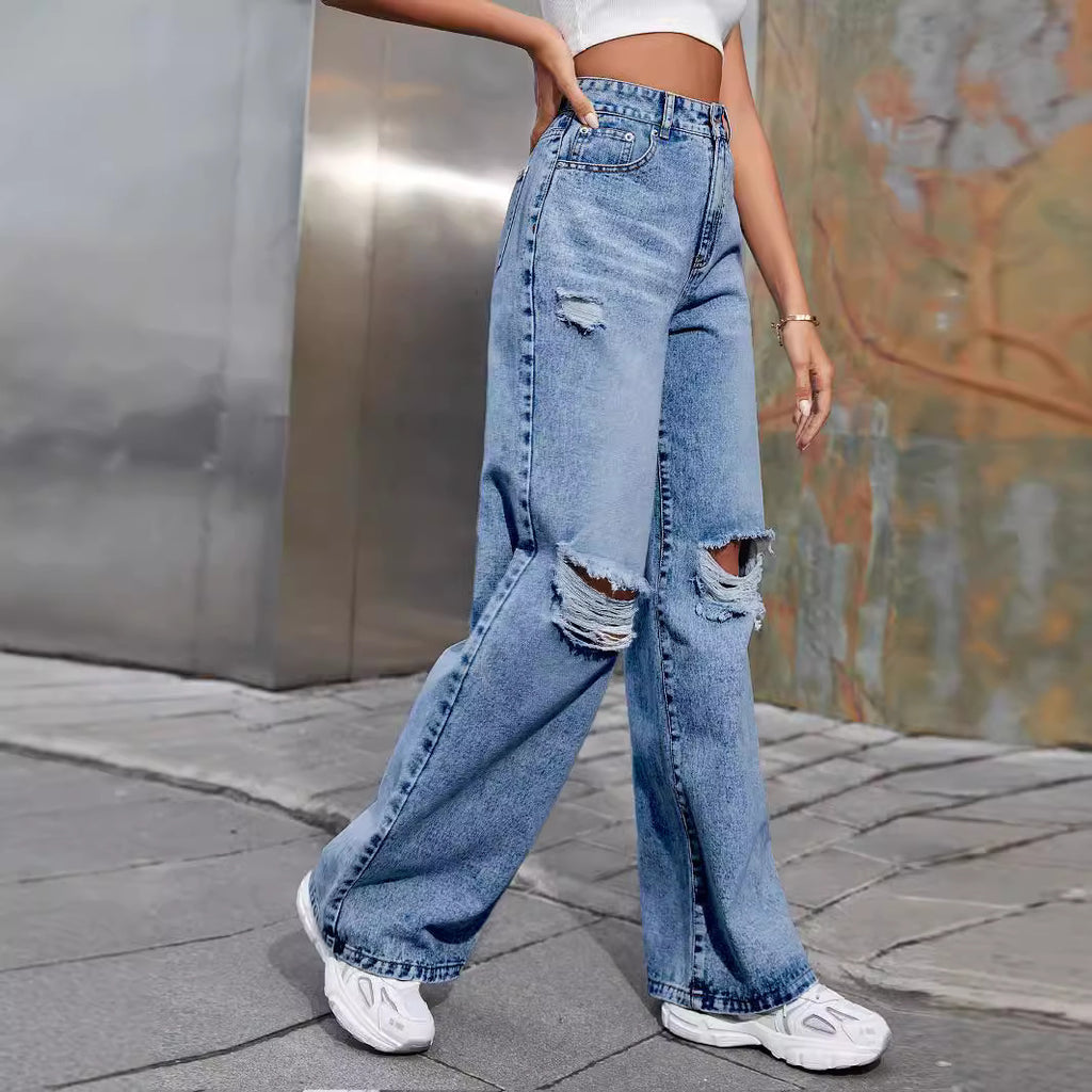 Fashion Ripped High Waist Wide Leg Casual Jeans