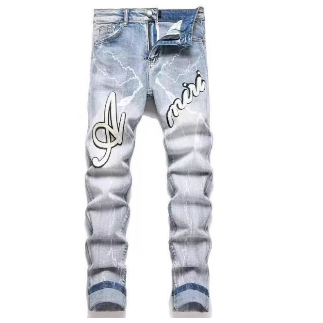 Slim Fit Embroidered Denim Jeans for Men