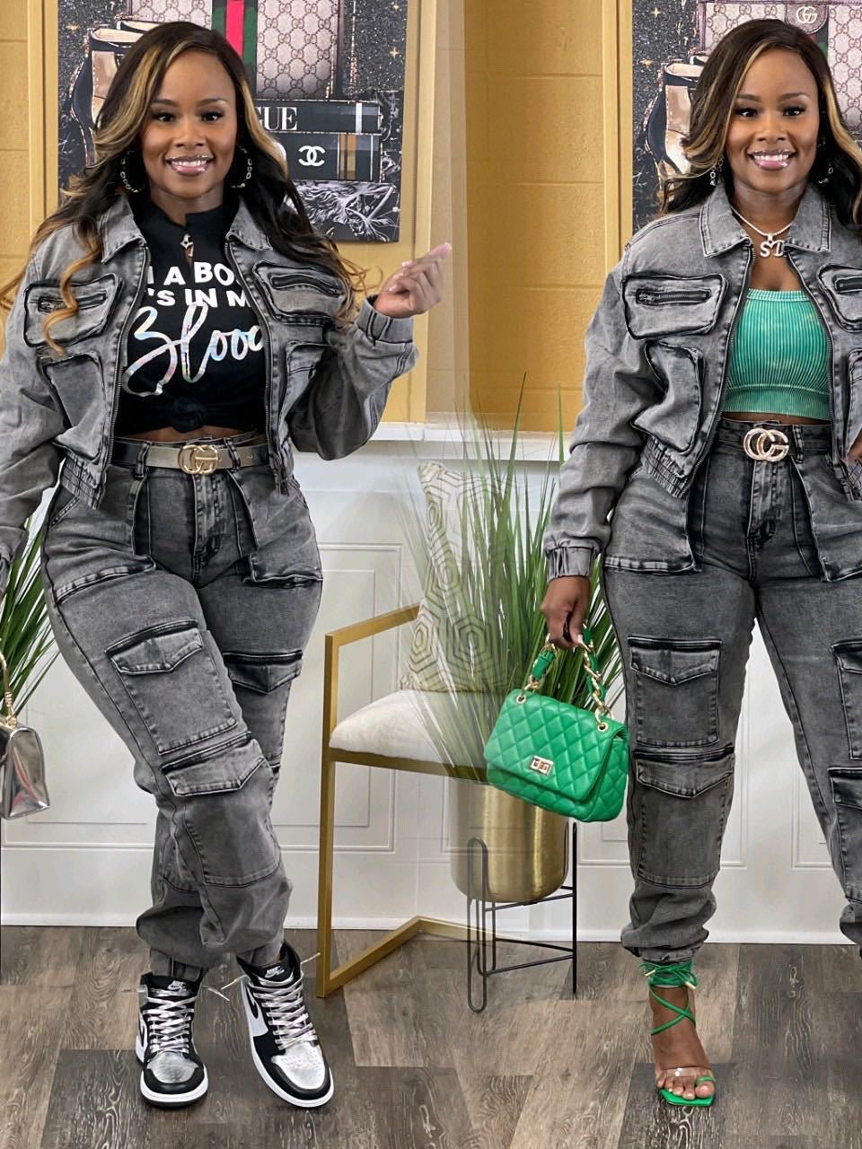 Women's Stretchy Washed Denim Two-Piece Set