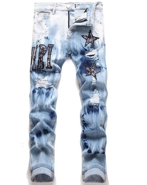 Slim Fit Embroidered Denim Jeans for Men