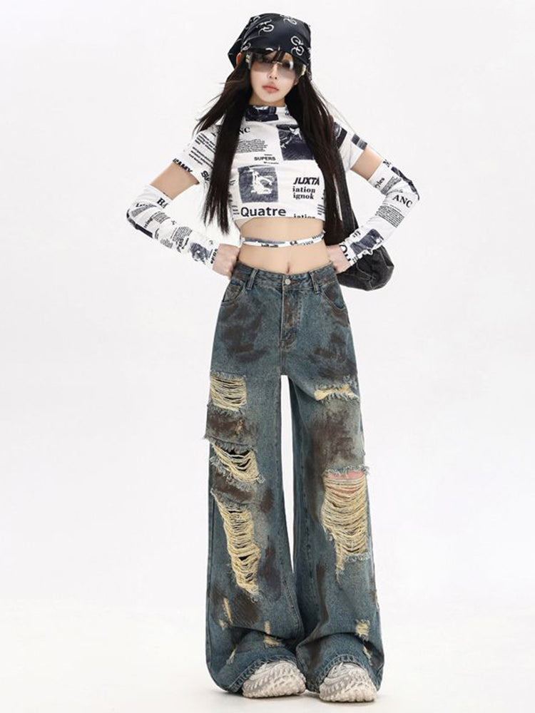 Wasteland wind-breaking hole jeans