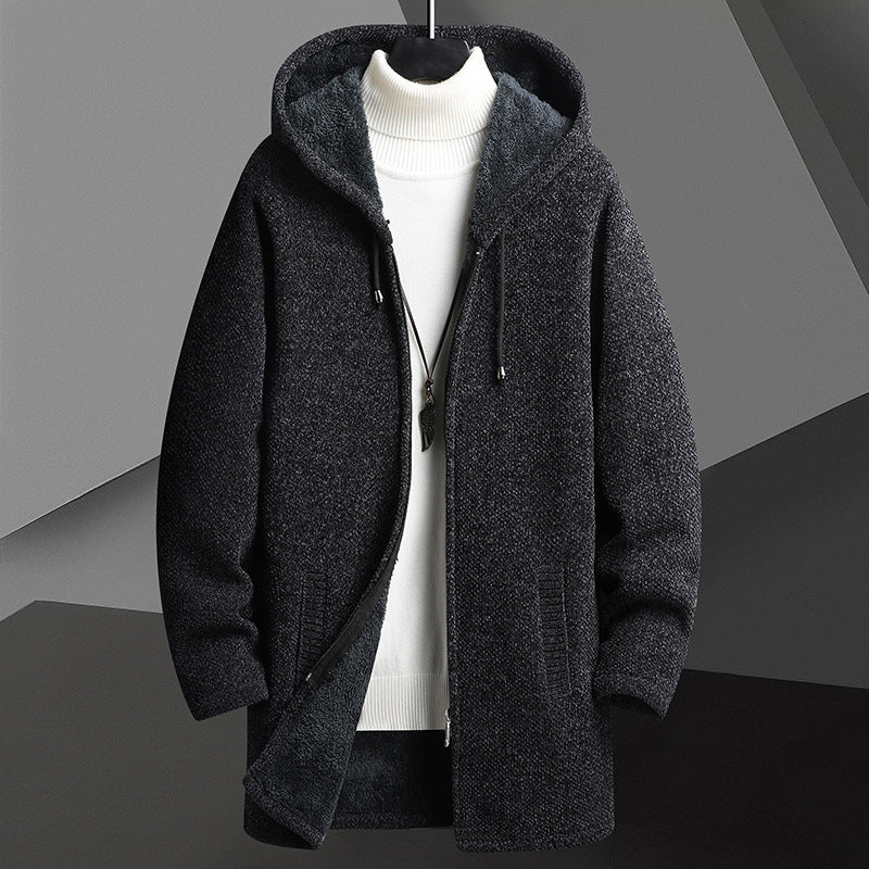 Men's Hooded Sweater Cardigan Autumn Winter Mid-Length Jacket