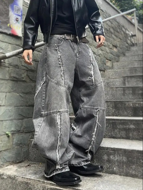 American Retro Washed Distressed Jeans Loose Straight Pants