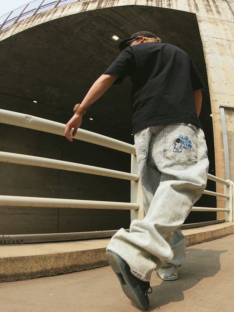 Blue cartoon embroidered skateboard jeans