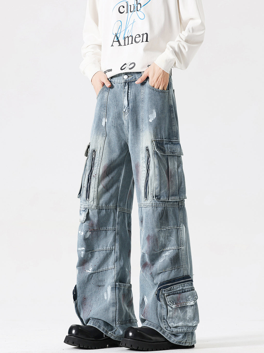 Retro splashed denim pants