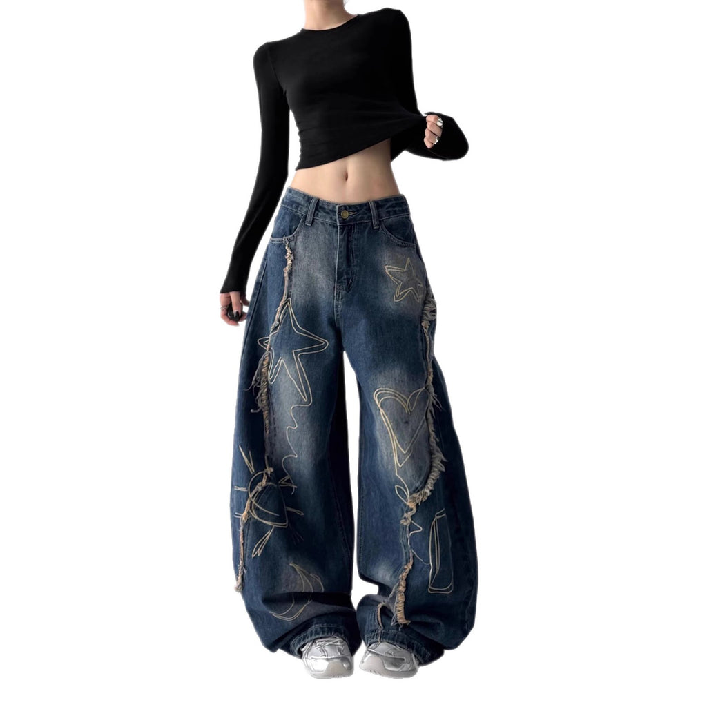 Hip-hop street wash-stained wide-leg jeans
